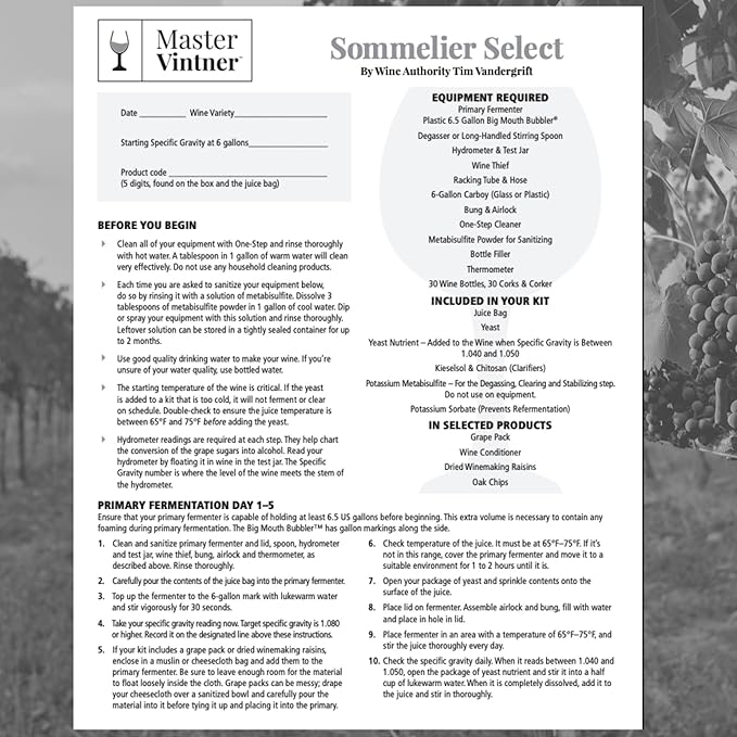 Master Vintner - Sommelier Select Pinot Noir Wine Recipe Kit Makes 6 Gallons