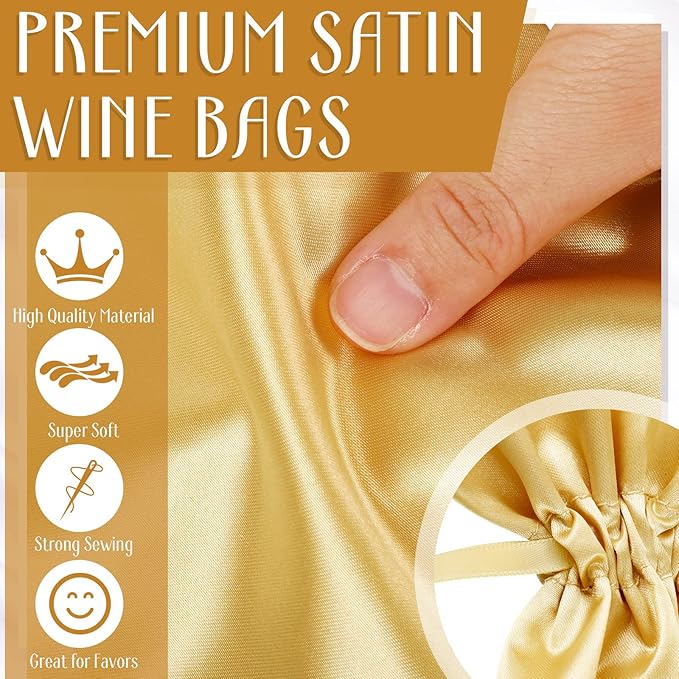 Shappy 12 Pcs Yellow Satin Wine Gift Bags with Drawstrings and Tags, Wine Bottle Bags Covers Reusable for Holiday Party Supplies
