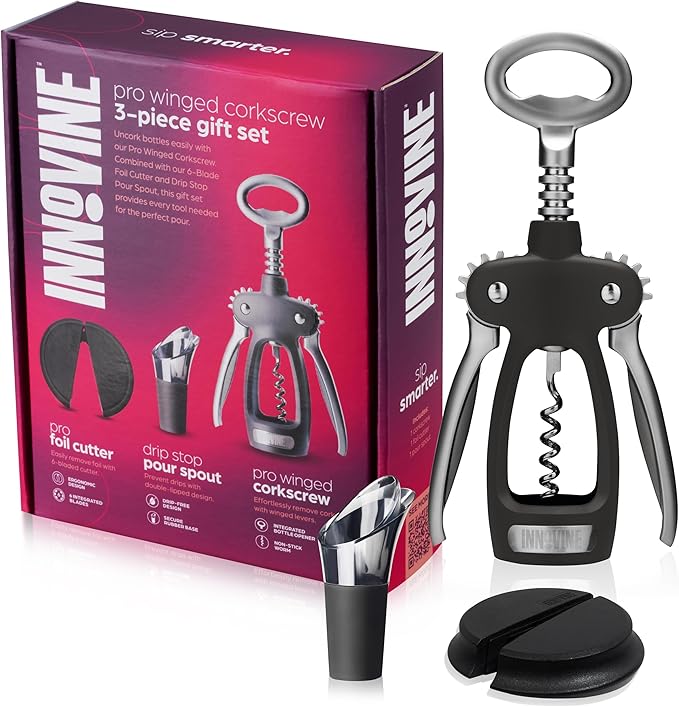 Innovine Pro Winged Corkscrew 3-Piece Wine Gift Set – Winged Corkscrew, 6-Blade Foil Cutter & Drip Stop Pour Spout – Easy Cork Removal, Foil Cutting, Drip-Free Pouring – Ideal for Home Bar & Gifting