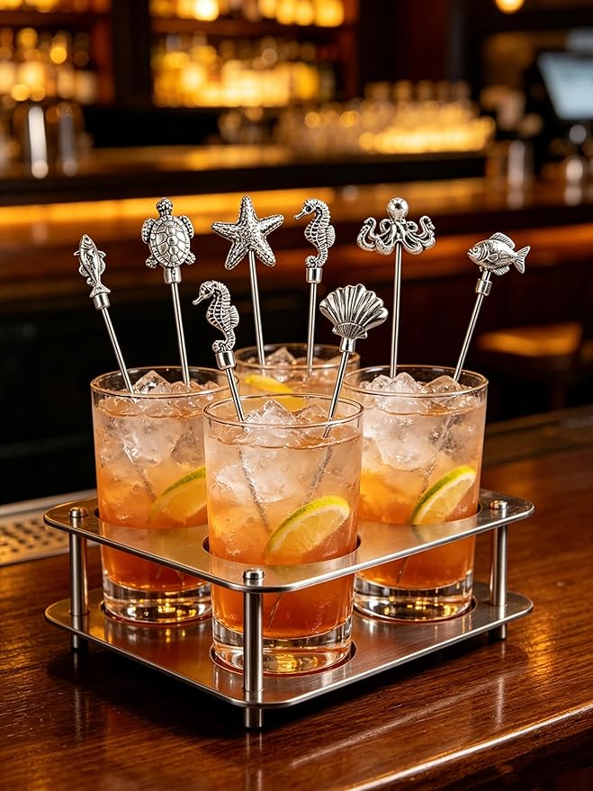 Homestia Ocean Cocktail Picks, 6PCS Stainless Steel Marine Life Martini Picks 4.7 Inch, Sea Turtle Starfish Seahorse Octopus Shell Fish Drink Skewers for Cocktails, Olives, Appetizers