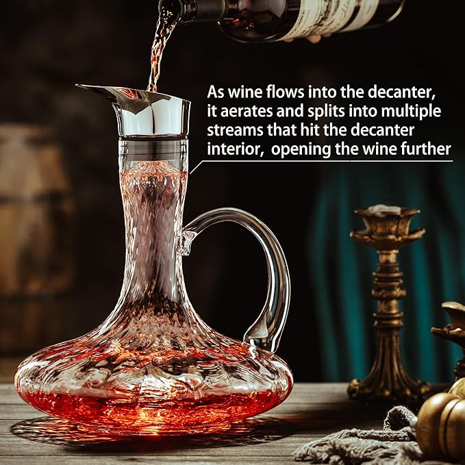 Hand Blown Wine Decanter, 60oz Large Red Wine Decanter With Aerator, Lead-free Striped Glass Carafe, Cute Wine Accessories Set With Handle And Lid Filter, Unique Gifts For Wine Lovers