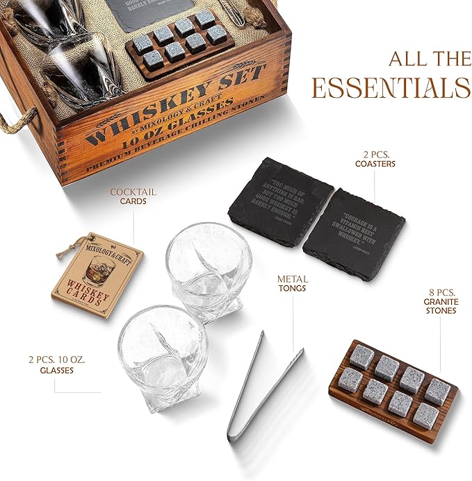 Mixology & Craft Premium Whiskey Set | Two 10oz Cystal Old-Fashioned Glasses, 8 Granite Chilling Stones, Metal Tongs, Recipe Cards in Rustic Wooden Crate Gift Set | Jameson Whiskey