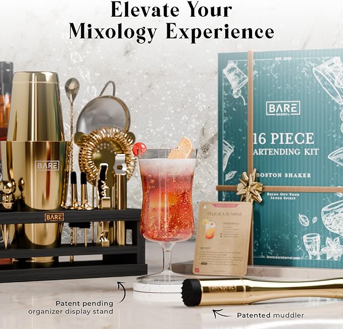 BARE BARREL® Mixology Bartender Kit Bar Set | 16-Piece Cocktail Shaker Set | Martini Barware Mixing Tools for Home Bartending | Incl. 35 Recipe Cards | Gift Set (28oz Boston Shaker, Gold/Black)