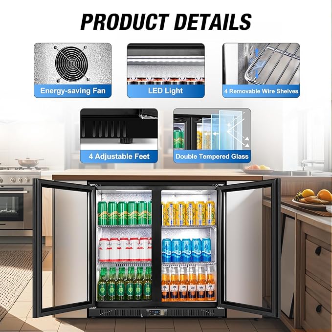 Beverage Refrigerator Under Counter, Back Bar Cooler with 2 Glass Door, Commercial Display Fridge 35.42 Inch Wide 7.4 Cu.Ft, Drink Fridge for Beer Soda Wine, Beverage Cooler for Kitchen Shop Bar