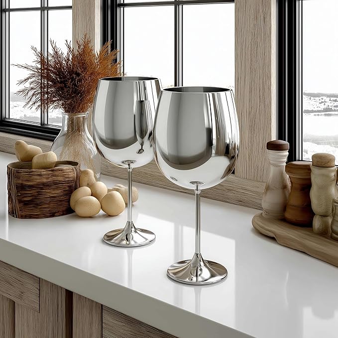 K&K Home Silver Stainless Steel Unbreakable Wine Glasses - 18 oz - Set of 2 Colored, Stemmed Metal Wine Glasses Perfect for Outdoors, Weddings, and Parties (Silver, Set of 2)
