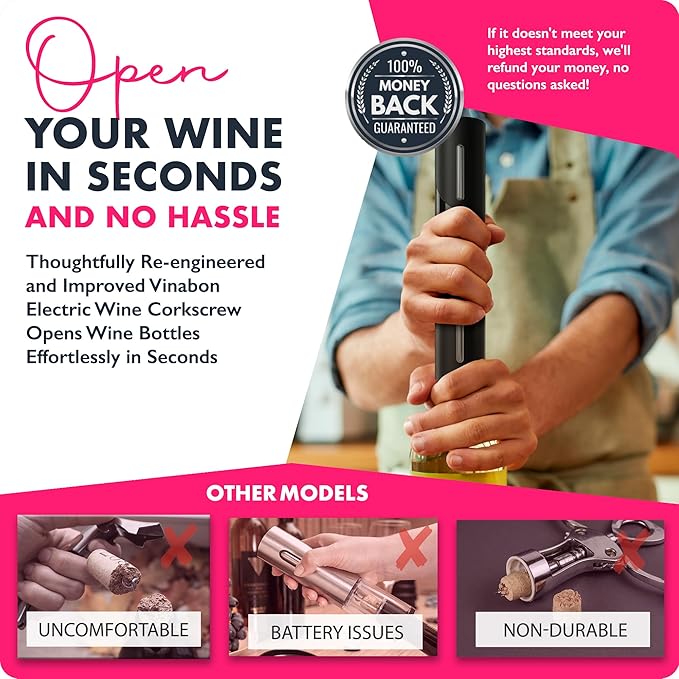 VINABON Battery-Operated Wine Opener - Updated 2026 Electric Wine Bottle Opener with Wine Foil Cutter - One-Click Reusable Automatic Electronic Wine Opener Corkscrew. Includes WineGuide Ebook