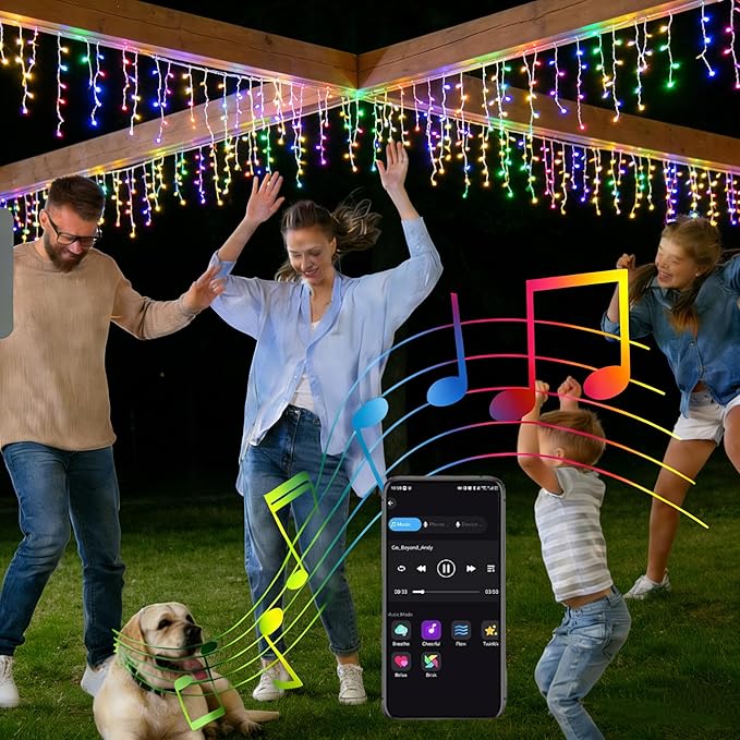 Led Icicle Lights Outdoor,43FT 400 LED RGB Smart Programmable Icicle Christmas Light for Outside,Color Changing LED Connectable Music Sync for House Decorations,Holiday,Red White Blue Independence Day