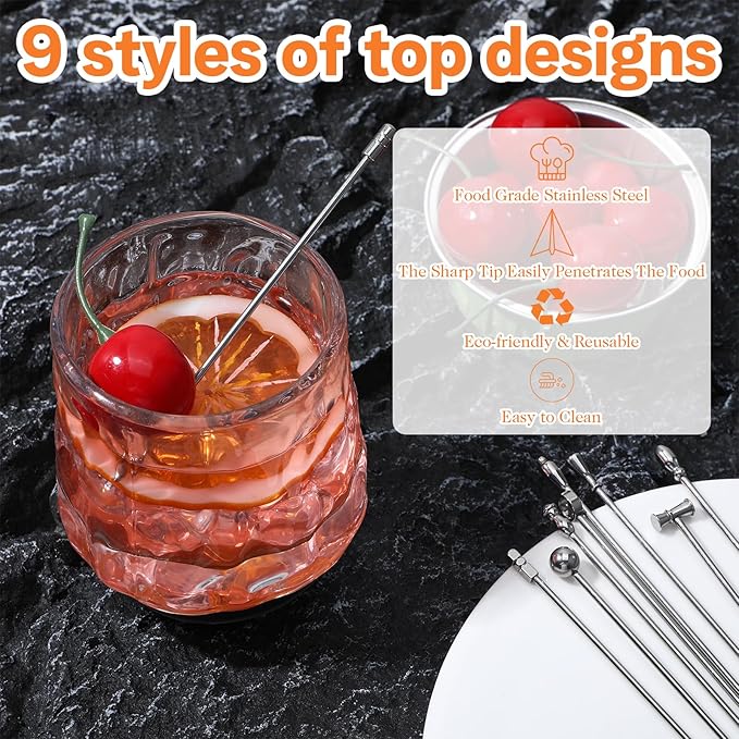 9 Pcs Metal Martini Cocktail Picks, 4.2 Inches Olive Appetizer Skewers Stainless Steel Martini Garnish Sticks Reusable, Metal Toothpicks for Drinks, Bar Accessories Supplies for Bartenders (Sliver)