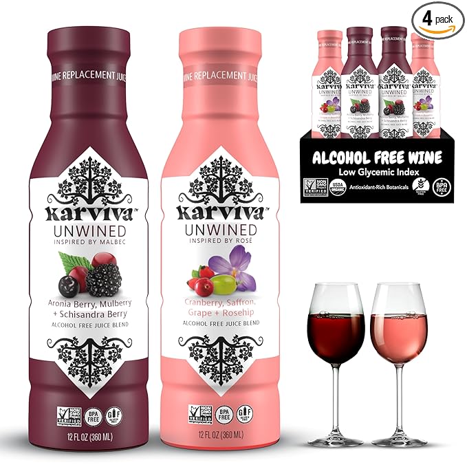 Awards-Winning Non-Alcoholic Wine Alternatives, Variety Pack (Malbec & Rosé) – Ancient Remedies With Adaptogen & Antioxidants for Relaxation, Liver & Brain Detox, Sulfite-Free, Low-Sugar (4 BPA-Free Bottles, 12 oz Each)