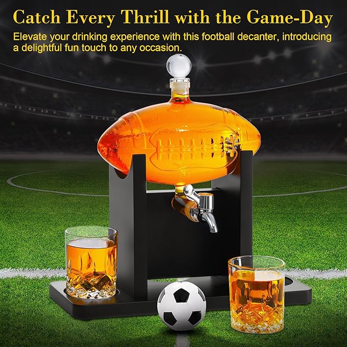 Football Whiskey Decanter Set for Men, 47oz Liquor Decanter Set with 2 Glasses + 2 Footballs Chillers, Gifts for Dad, Husband, Boyfriend, Coach, for Liquor, Bourbon, Scotch, Vodka