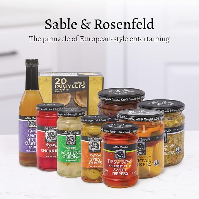 Sable & Rosenfeld Tipsy Garlic & Dill Cocktail Stirrers 16 oz Jar (Pack of 1), Hand-Packed Martini Pickles and Olive Skewers, Kosher, Gluten-Free Cocktail Garnish
