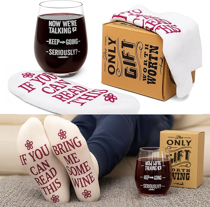 FUNNY WINE GLASSES + WINE SOCKS -16 oz Unbreakable Stemless Wine Glass With Sayings & Fuzzy Girl Socks “If You Can Read This, Bring Me Some Wine"