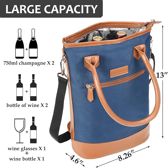 Tirrinia Insulated Wine Gift carrier Tote - Travel Padded 2 Bottle Wine/Champagne Cooler Bag with Handle and Adjustable Shoulder Strap, Great Wine Lover Gift, Blue