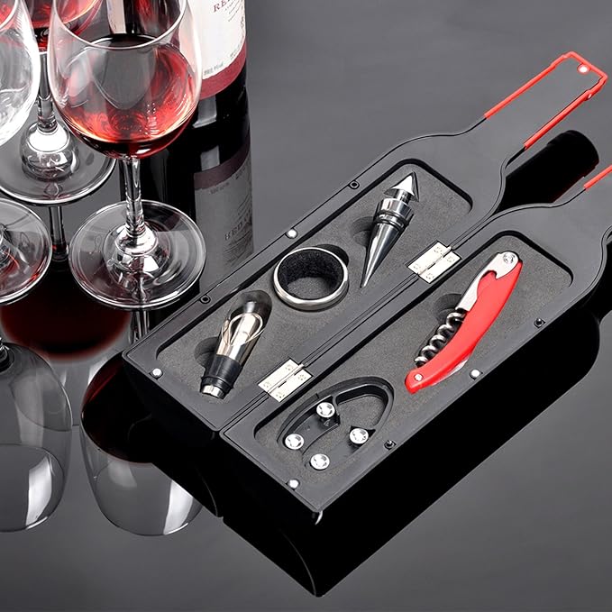 Solaris Wine Accessories Valentine Gift Set, 5 Pcs Deluxe Wine Corkscrew Opener Sets Bottle Shape in Elegant Gift Box, Wine Valentines Day Gifts for Women Men