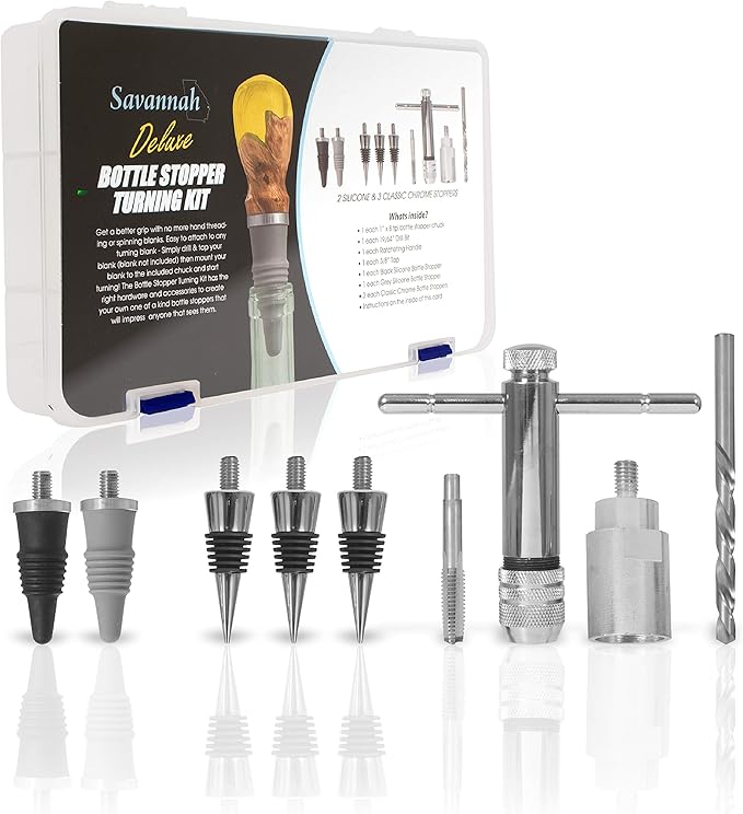 Savannah Classic Style Bottle Stopper Kit | 3 Classic Chrome 1 Black Silicone and 1 Grey Silicone Stopper 19/64 inch Drill Bit 1 inch 8 tpi Chuck and Ratcheting Handle with 3/8 inch Tap (Deluxe Kit)