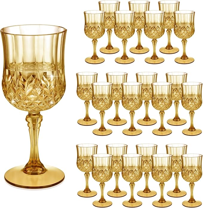 7OZ Plastic Wine Glasses, Disposable Goblets Drinking Glasses Crystal Vintage Water Cups Unbreakable Champagne for Wedding, Parties, Valentine's Day (Yellow)