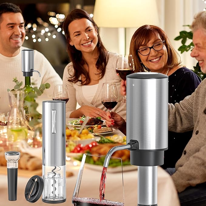 Electric Wine Opener Set with Wine Aerator & Dispenser, Rechargeable Wine Decanter, Foil Cutter & Vacuum Wine Stopper Saver, Stainless Steel Wine Gift Set for Wine Lovers