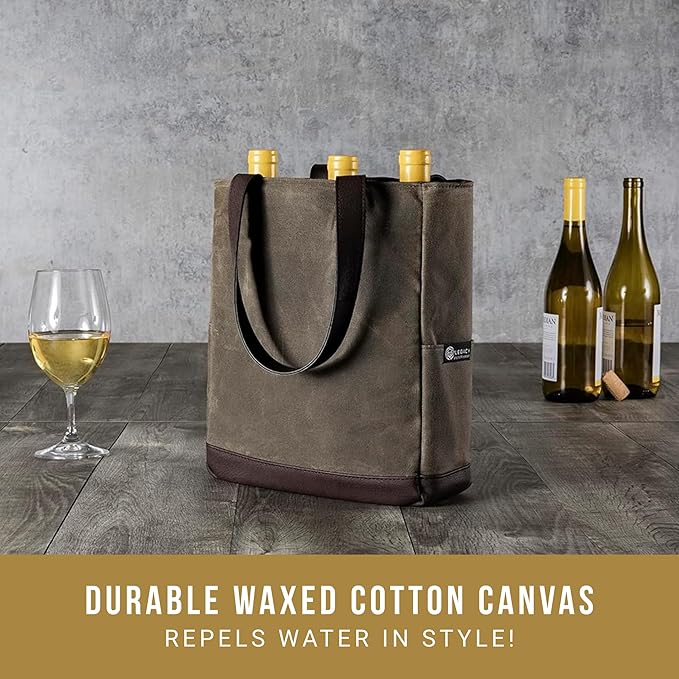 PICNIC TIME 2 and 3 Bottle Insulated Wine Bag, Distressed Waxed Canvas Wine Tote, Durable Bottle Carrier Bag for Gifts and Travel with Side Pockets & Removable Divider (Khaki Green with Brown Accents)