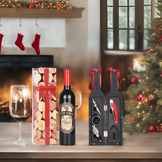Solaris Wine Accessories Valentine Gift Set, 5 Pcs Deluxe Wine Corkscrew Opener Sets Bottle Shape in Elegant Gift Box, Wine Valentines Day Gifts for Women Men