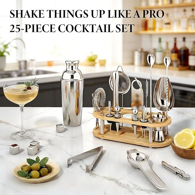 Cocktail Shaker Set, 25-Piece Stainless Steel Bartender Kit with Wood Organizer Stand & Cocktail Recipes, Professional Bar Mixology Tools with All Essential Accessories for Drink Mixing