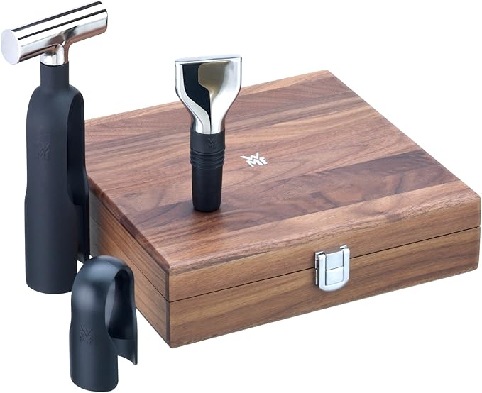 WMF Baric Wine Sommelier Set 3-Piece Corkscrew Set, Wine Accessories, Foil Cutter, Bottle Stopper, in Walnut Wood Box, Black