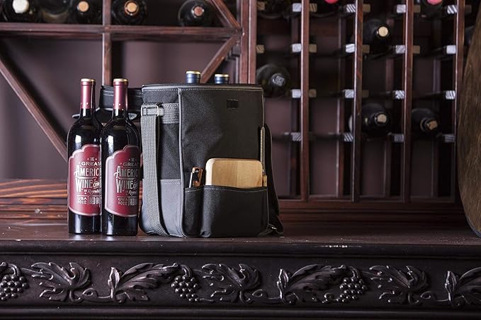 PICNIC TIME Duet Wine & Cheese Tote, Luxury 2 Bottle Insulated Wine Bag Set with Cheese Board, Knife, & Corkscrew, Adjustable Strap, and Pockets, Romantic Kit for Couples, (Black with Gray Accents)
