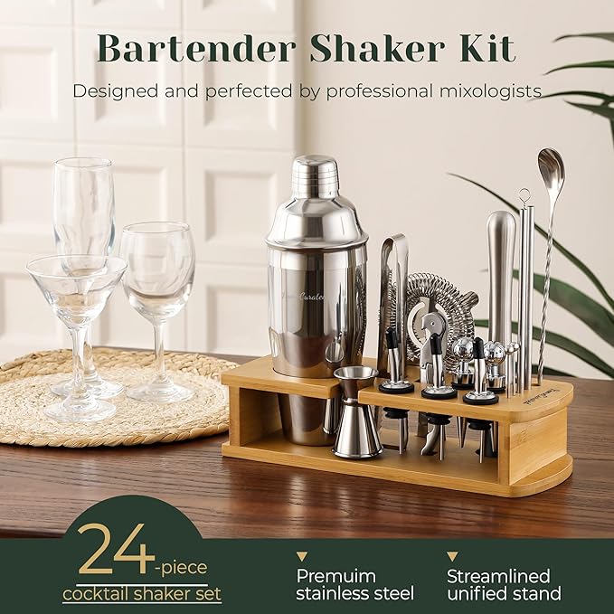 Cocktail Shaker Set,24-Piece Bartender Kit – Complete Bartending Kit Bar Set with Stand,Drink Shaker & Mixer – Perfect Bar Accessories for Home Bar Set,Housewarming Gifts for Men & Women,Silver