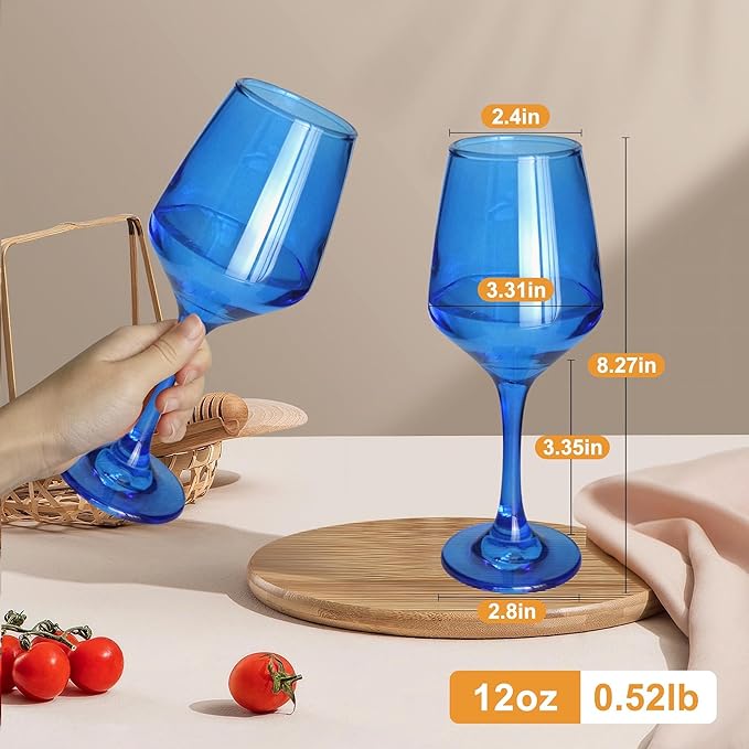 Blue Wine Glasses Set of 6, 12oz Stemmed Glasses, Thick & Colored, Dishwasher Safe Stemware for Red or White, Gift for Party, Holiday, Anniversary, Restaurant, Home Bar, Daily Use