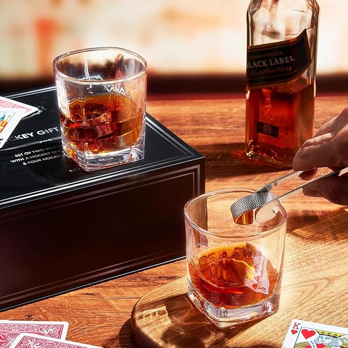 Hockey Puck Whiskey Stones Gift Set with 2 Glasses & Stick Tongs - 7pc Stainless Steel Chilling Rocks, Chill Non-Diluting Freezer Kit, Cool Hockey Gifts for Men, Him, Dad, N H L Gift Boyfriend & Fans