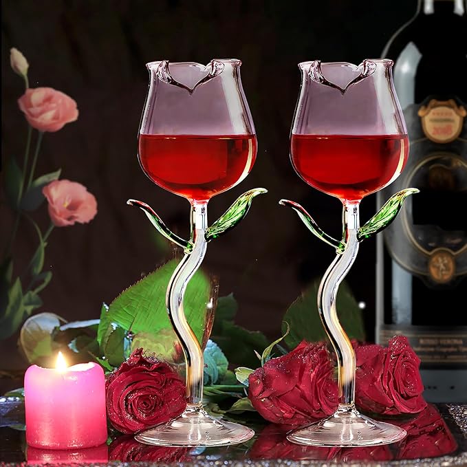 Rose Wine Glasses Set of 2 Creative Wine Goblet Champagne Flutes Classy Red Wine Glass, Ideal Gifts for Housewarming, Wedding, Birthday Celebrations