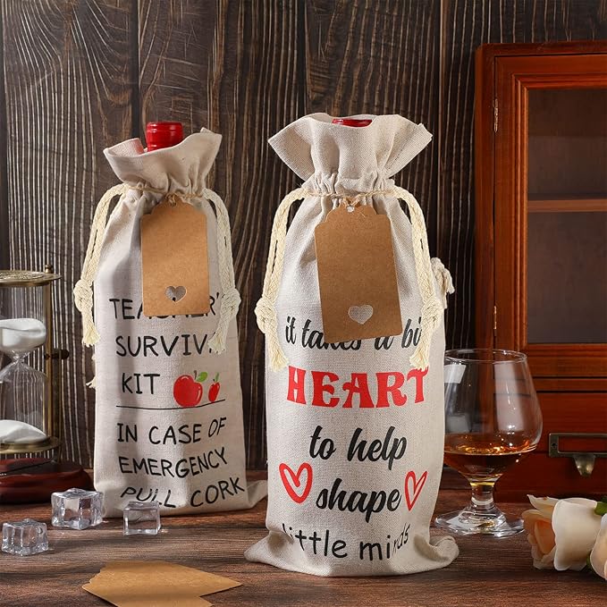 6 Pieces Teacher Appreciation Gift Wine Bags for Women Men, Burlap Wine Bottle Bags with Drawstrings and Tags End of Year Graduation Thank You Gifts for Teacher