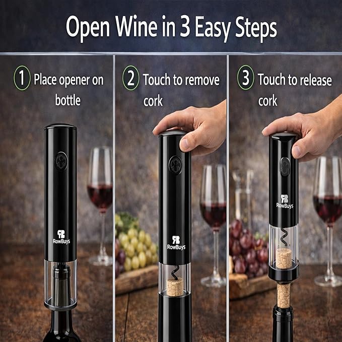 Electric Wine Opener Set – Rechargeable Automatic Corkscrew with One-Touch Operation, Cordless Wine Bottle Opener with Foil Cutter & USB Charging Cable, Wine Lover Gift