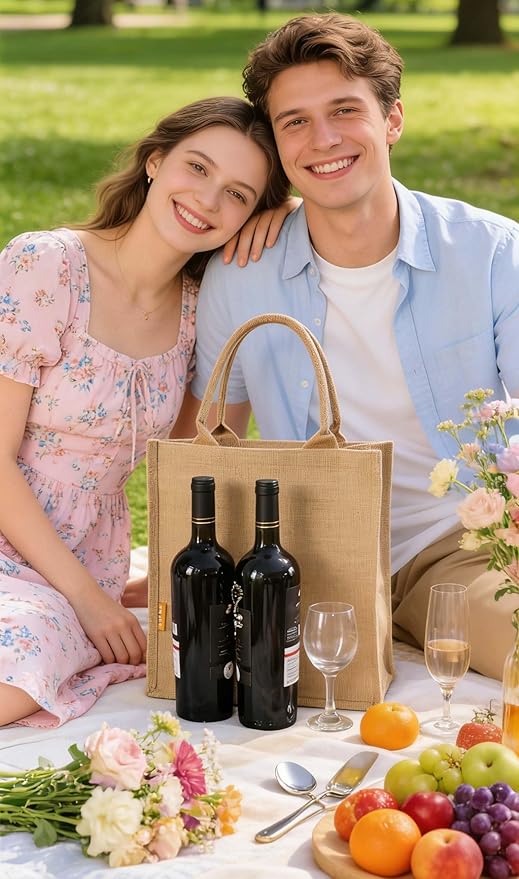 Jute Burlap 3 Bottle Wine Gift Tote Bags with Soft Cotton Handles Reusable for Wedding, Parties,Birthdays