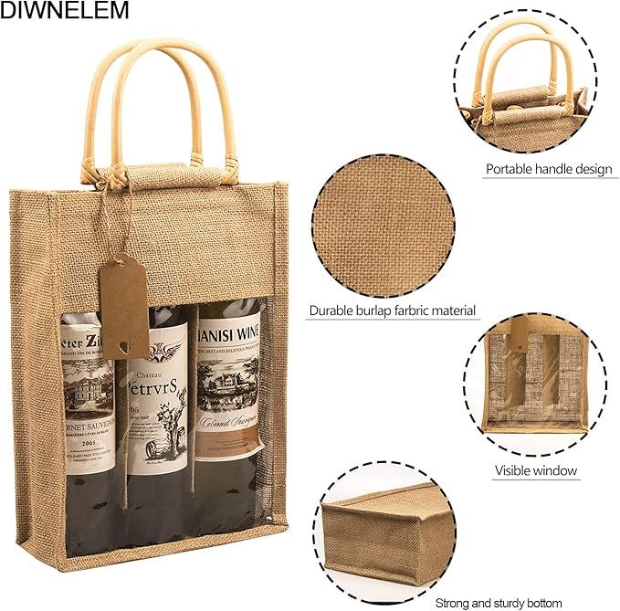 DIWNELEM 2 Pack Burlap Gift Bags with Window - Jute Wine Bags for Wedding, Parties, Birthdays, Christmas & Holidays