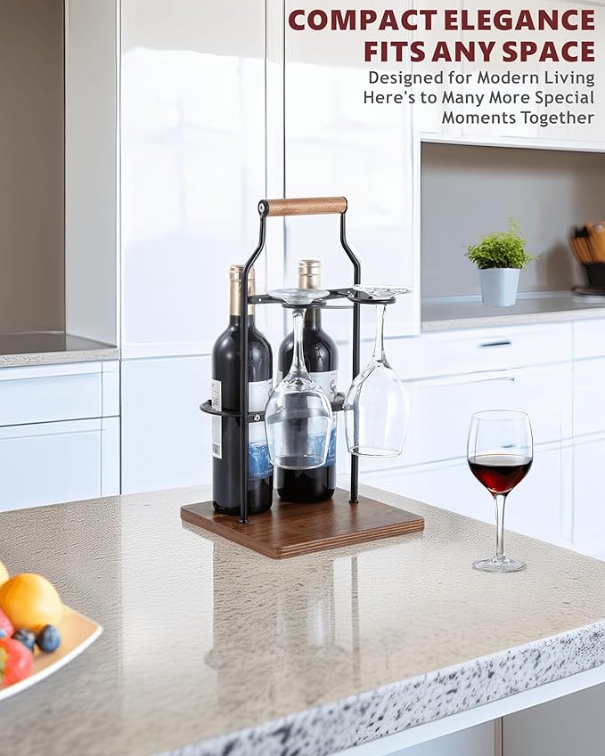 Countertop Wine Rack and Glass Holder | Portable Wine Caddy Holds 2 Bottles & 2 Glasses | Small Wine Rack with Wood Base, Perfect for Tabletop Wine Storage & Home Bar Decor (Black)