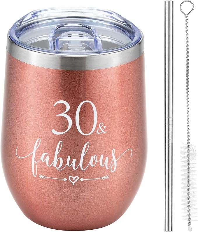 Crisky Rose Gold 30 & Fabulous Wine Tumbler for Women 30th Birthday Gifts for Women, Wife, Mom, Sister, Aunt, Friends, Coworker Her, Vacuum Insulated Coffee Cup,12oz with Box, Lid, Straw