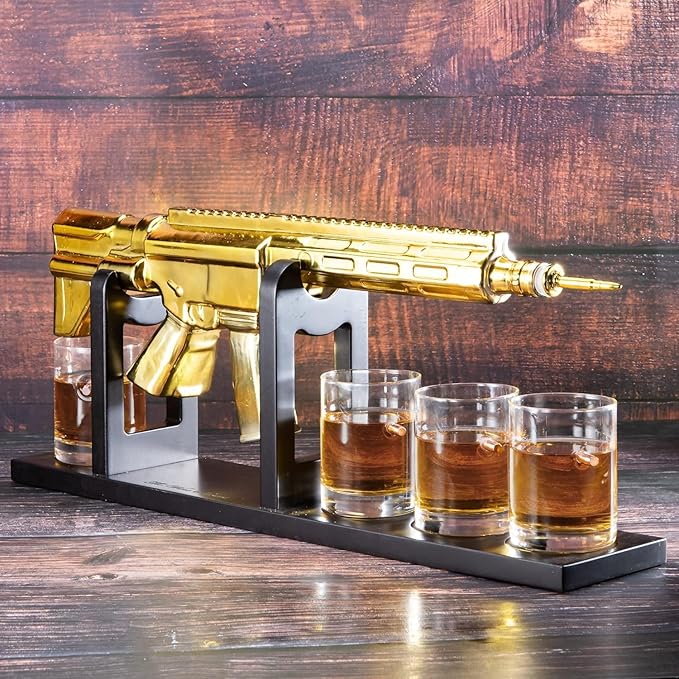 AR15 Gold Whiskey Decanter Set with 4 Bullet Glasses - The Wine Savant, Gift for Dad, Uncle, Son - Veteran, Military, or Home Bar Gift - Unique Whiskey Gift for Men, Father’s Day or Winter