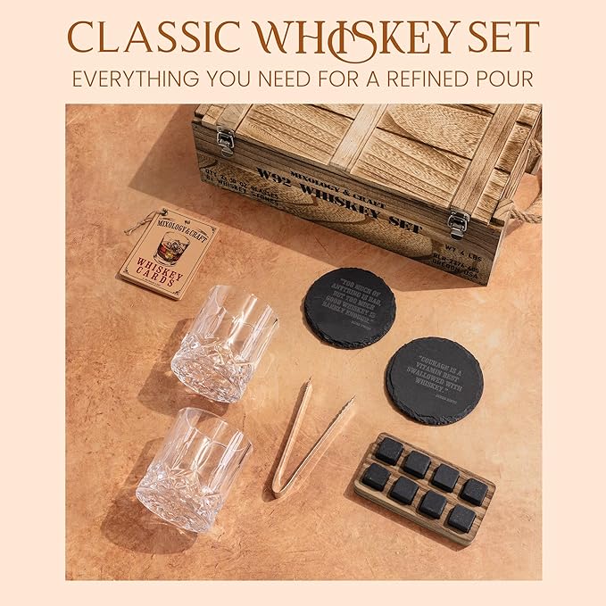 Mixology & Craft Whiskey Gift Set - Includes 2 Lead-Free Crystal Glasses, 8 Granite Chilling Stones, 2 Slate Coasters, Metal Tongs & Recipe Cards with a Wooden Army Crate Box