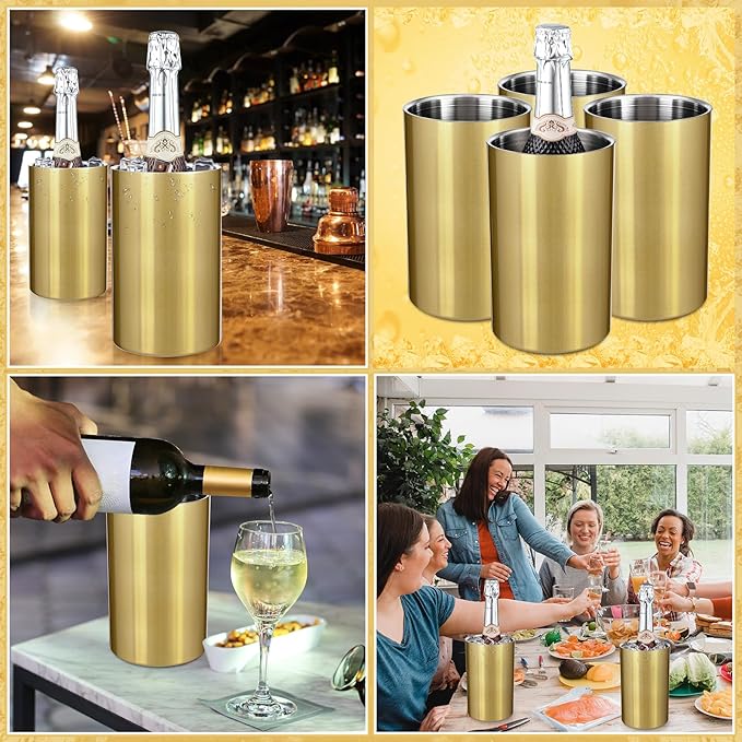 Potchen 6 Pack Wine Chiller Bucket Wine Bottles Cooler Bulk, Stainless Steel Double Wall Insulated Champagne Ice Bucket for Parties,Fits for 750 ml Bottles (Gold)