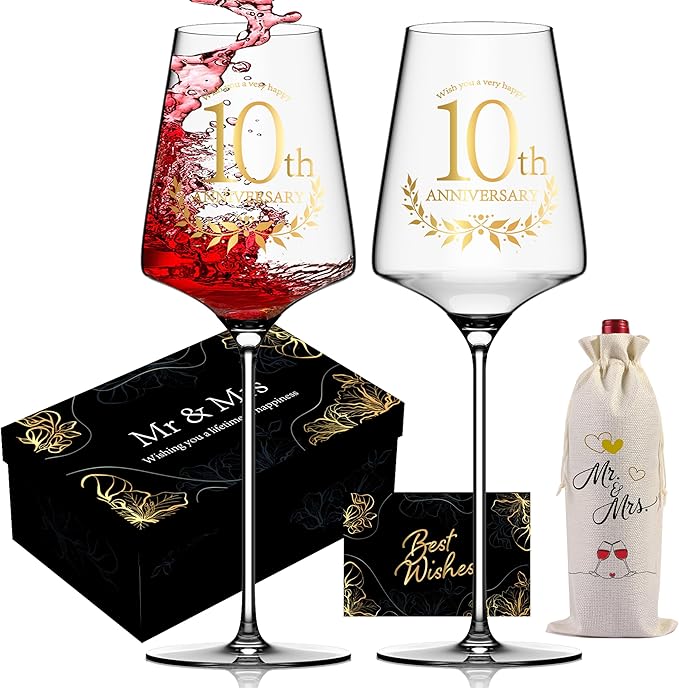 10 Years Anniversary Wine Glass Gift Set of 2 Happy 10th Anniversary Package with 2 Wine Glasses, Wine Bag, and Greeting Card Gifts for Couple Husband and Wife