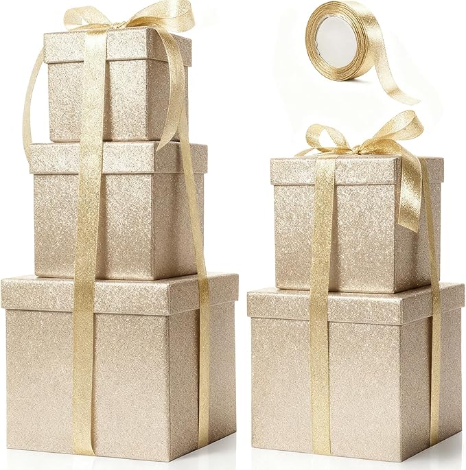 Cholemy 5 Pcs Square Nesting Boxes Decorative Gift Boxes with Lid and Ribbon Assorted Sizes Wrap for Wedding, Carnival, Anniversary, Birthday, Bridal Shower Party Gifts(Champagne Gold)