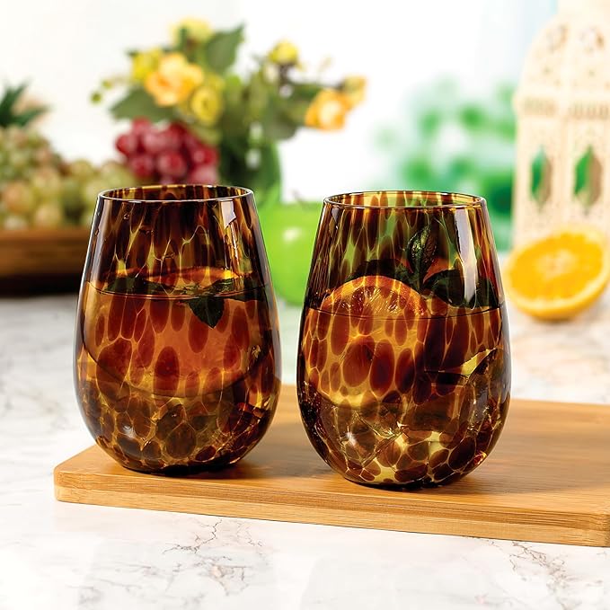 Joseph Sedgh Collection Tortoise Shell Stemless Wine & Water Glass Set of 4 – 16.91 oz Borosilicate Tumblers – Durable, Lead-Free, Dishwasher Safe – Gift Box Packaged