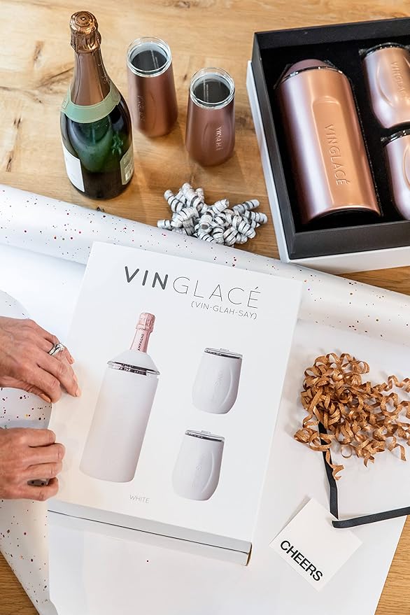 Vinglacé Wine Bottle Chiller Limited Edition Tennis Gift Set- Portable Stainless Steel Wine Cooler with 2 Stemless Wine Glasses, Tennis White
