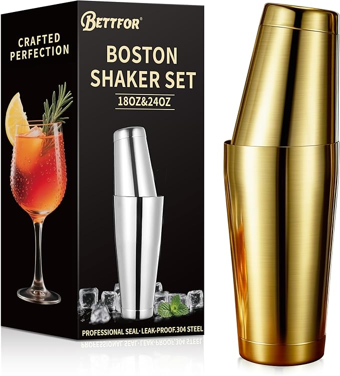 Boston Shaker Set, 18oz & 28oz 2-Piece Tins, Professional 304 Stainless Steel Cocktail Shaker with Leak-Proof Weighted Base for Bartending, Home & Bar Use (Gold)