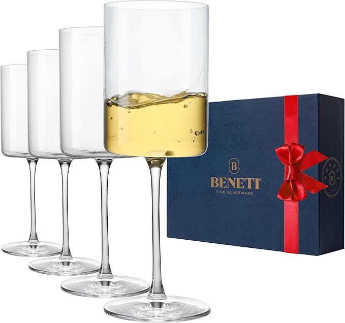 BENETI Square Crystal Wine Glasses Set Of 4 - European-made Handblown 14 oz Gift Packed Glasses - Large White & Red Wine Goblets W/Laser-cut Rim, Dishwasher-safe Clear glass gifts Set
