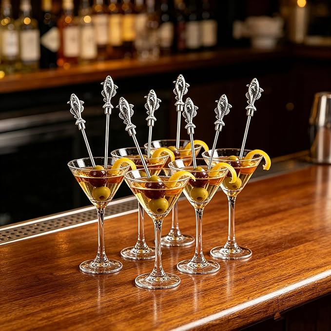 Homestia Fish Cocktail Picks, 6PCS Stainless Steel Vintage Fish Martini Picks 4.6 Inch, Reusable Metal Drink Skewers for Cocktails, Olives, Appetizers, Nautical Bar Accessories