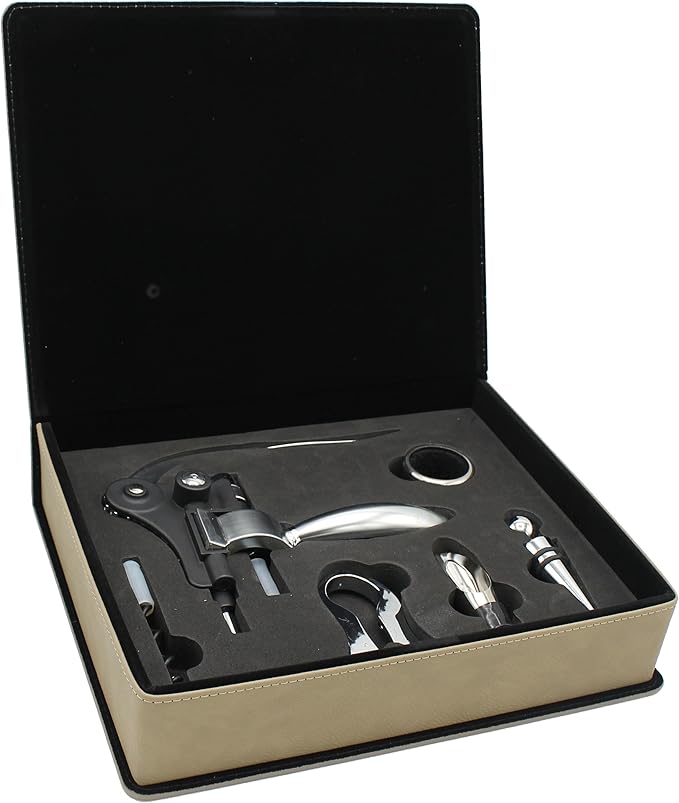 My Personal Memories Custom Engraved 5 Piece Wine Tool Opener Accessories Box Set - Personalized Wine Lovers for Anniversary, Weddings, and More (Tan)