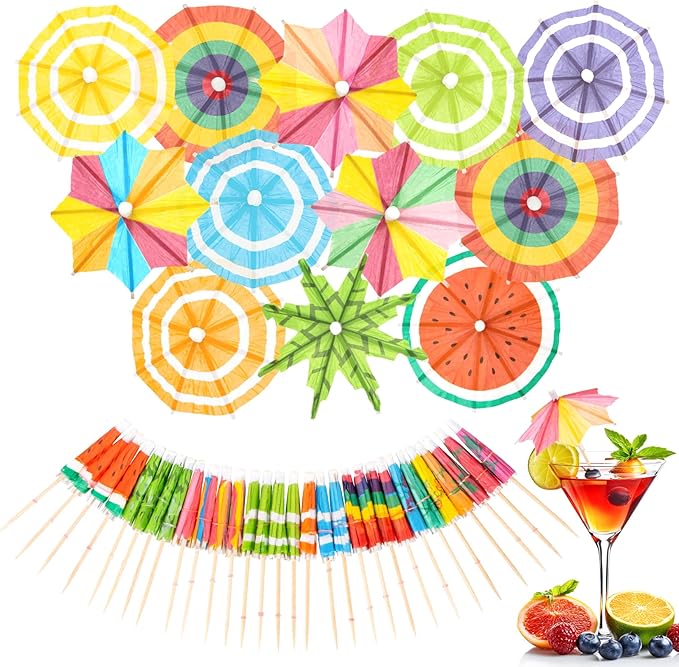 50 PACK Drink Umbrellas - 5 Styles Cocktail Umbrellas for Drinks, Paper Mini Umbrella for Drinks Hawaiian Cupcake Toppers, Colorful Cocktail Picks for Luau Parasols Tiki Party Decorations