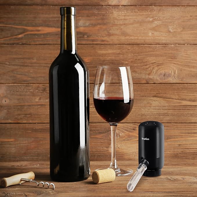 Ivation Wine Aerator & Dispenser with Flexible Tube | Electric Battery-Operated Universal Wine Bottle Spout with Automatic Button Dispenser, Aeration Control, Integrated LED Light & Removable Rod