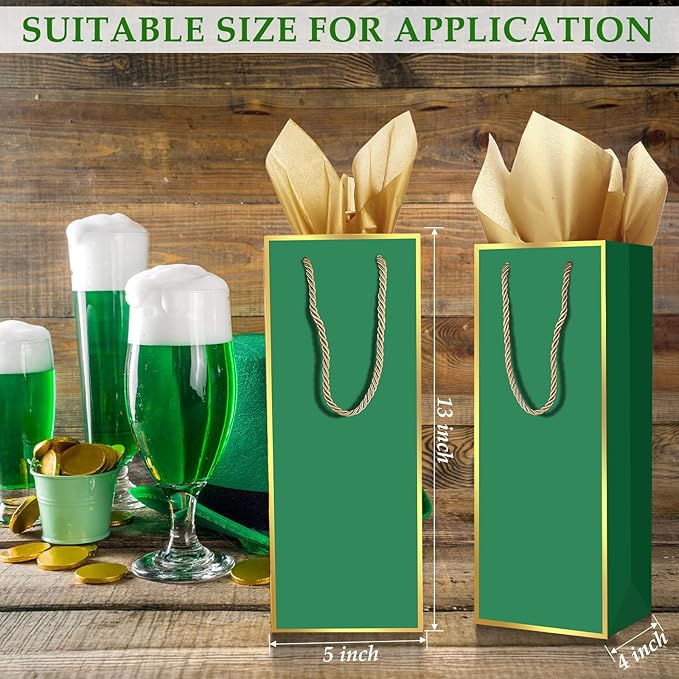 TaoBary 50 Pack Wine Gift Bags and Gold Wrapping Paper Set Wine Bags for Bottle Bulk 4 x 5 x 13 Inch Champagne Gift Paper Sack with Handles for Christmas Appreciation Wedding Anniversary (Green)